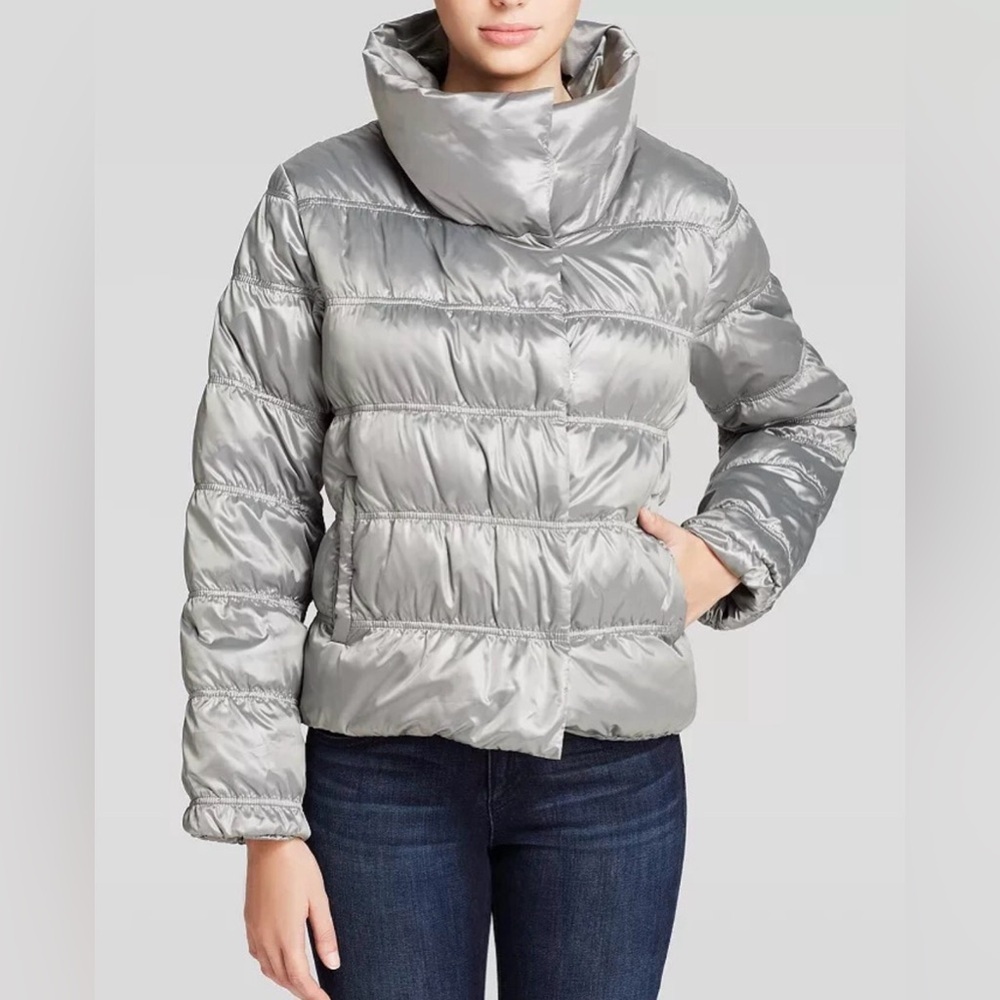EILEEN FISHER Gray Funnel Neck Short Down Puffer Coat with Snap Buttons Size XS